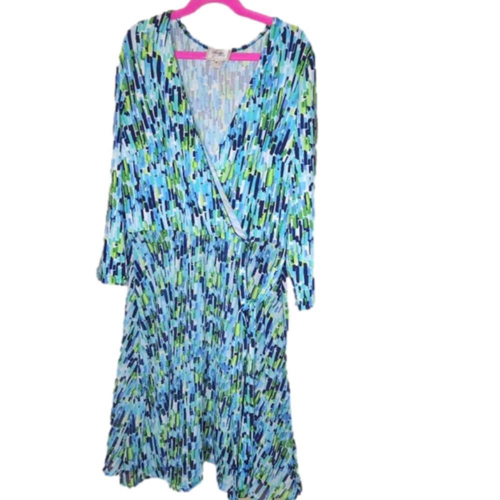 Beige By eci NWT Wrap A-Line Dress Size 10 Blue Green Long Sleeve Knee Length